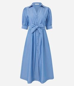 Vestido Midi Listrado com Manga Bufante em Tricoline
