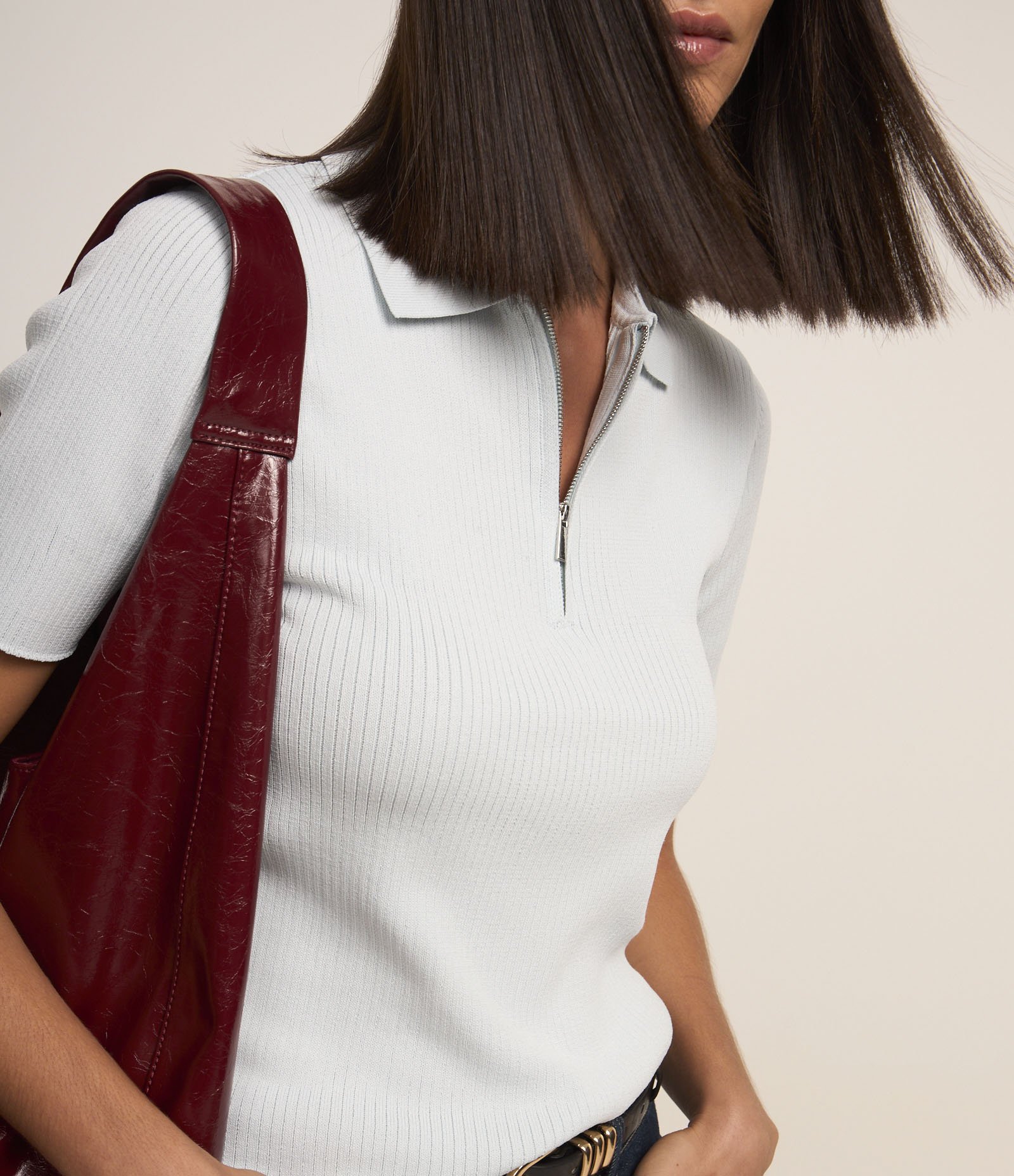 Blusa em Tricô com Gola Polo e Meio Zíper Azul Claro 7