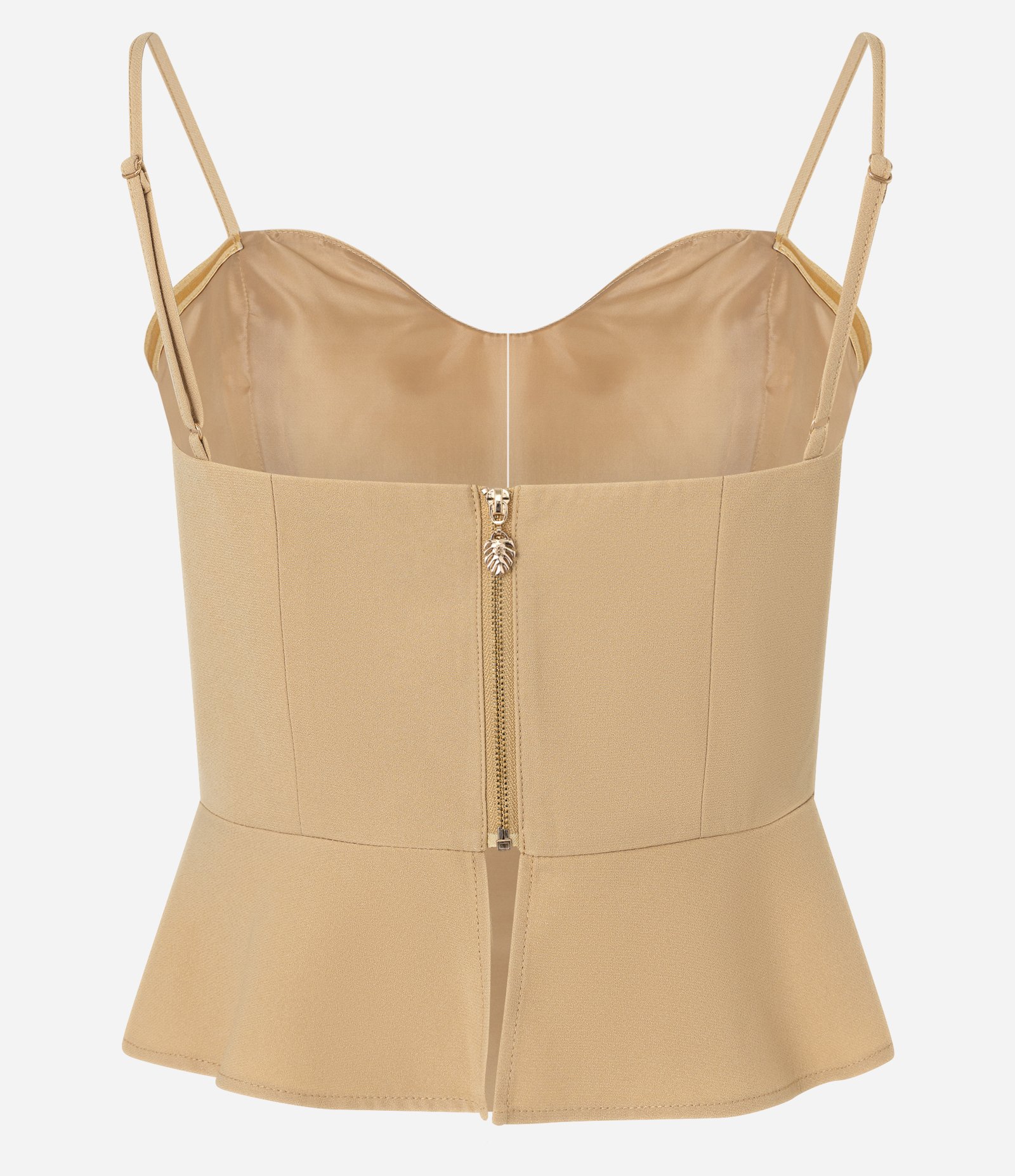 Blusa Corsetada em Crepe com Babado Peplum Bege 6