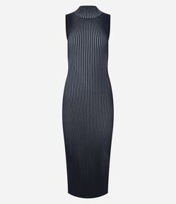 Vestido Midi em Tricô com Gola Alta e Frisos
