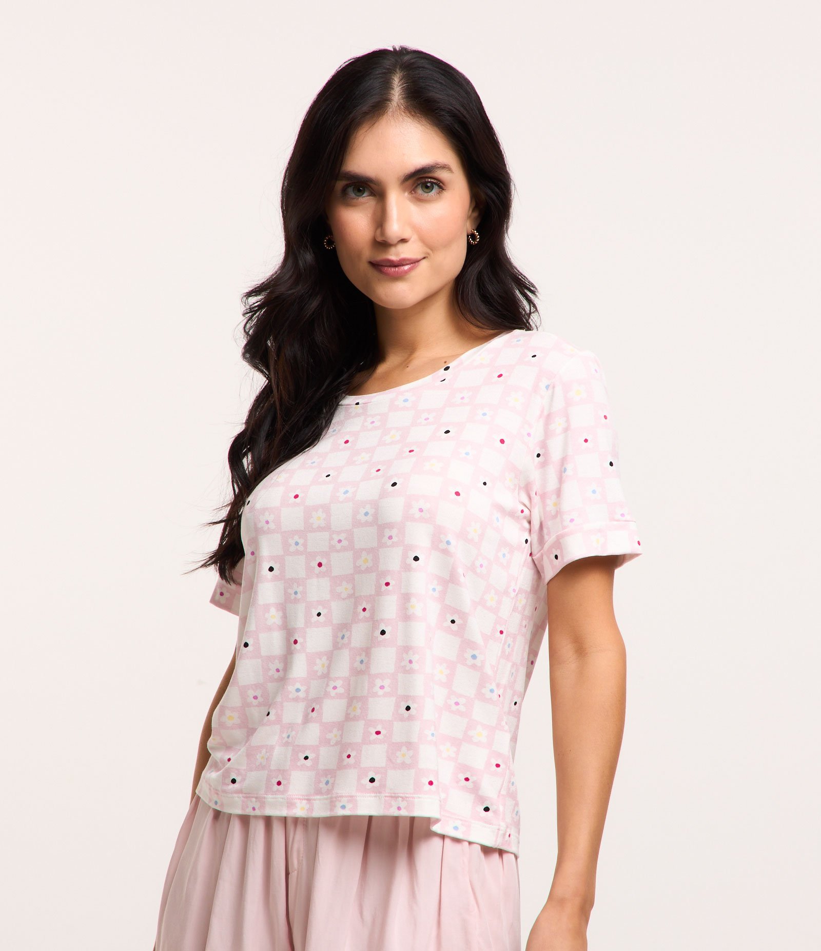 Blusa de Pijama em Viscose com Estampa Floral Xadrez Rosa/ Branco 1
