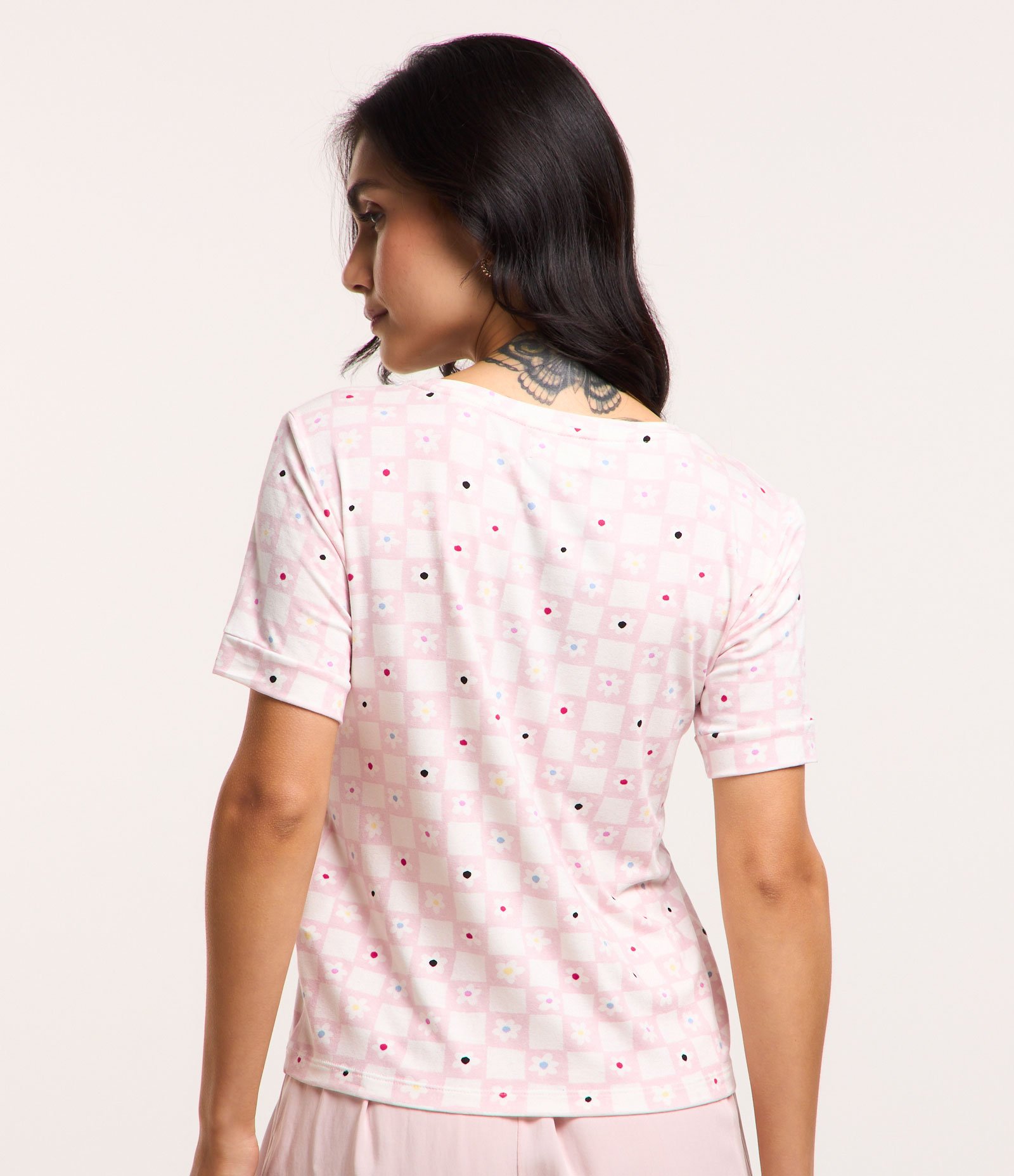 Blusa de Pijama em Viscose com Estampa Floral Xadrez Rosa/ Branco 3