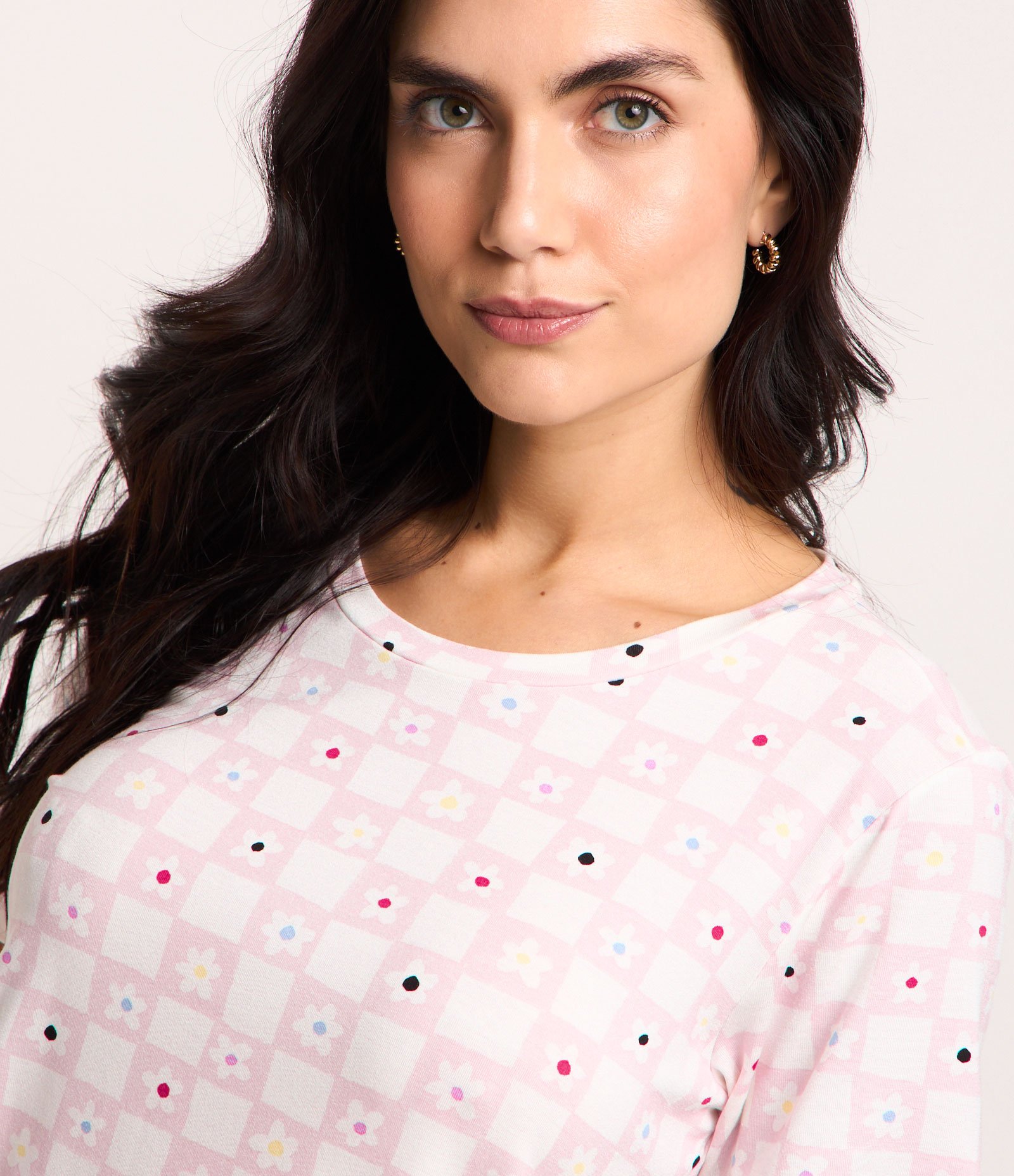 Blusa de Pijama em Viscose com Estampa Floral Xadrez Rosa/ Branco 4