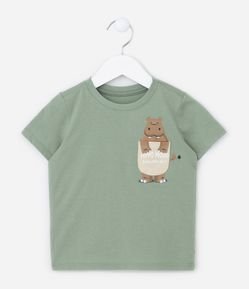 Camiseta Comfort Infantil com Estampa de Hipopótamo no Bolsinho - Tam 1 a 5 anos