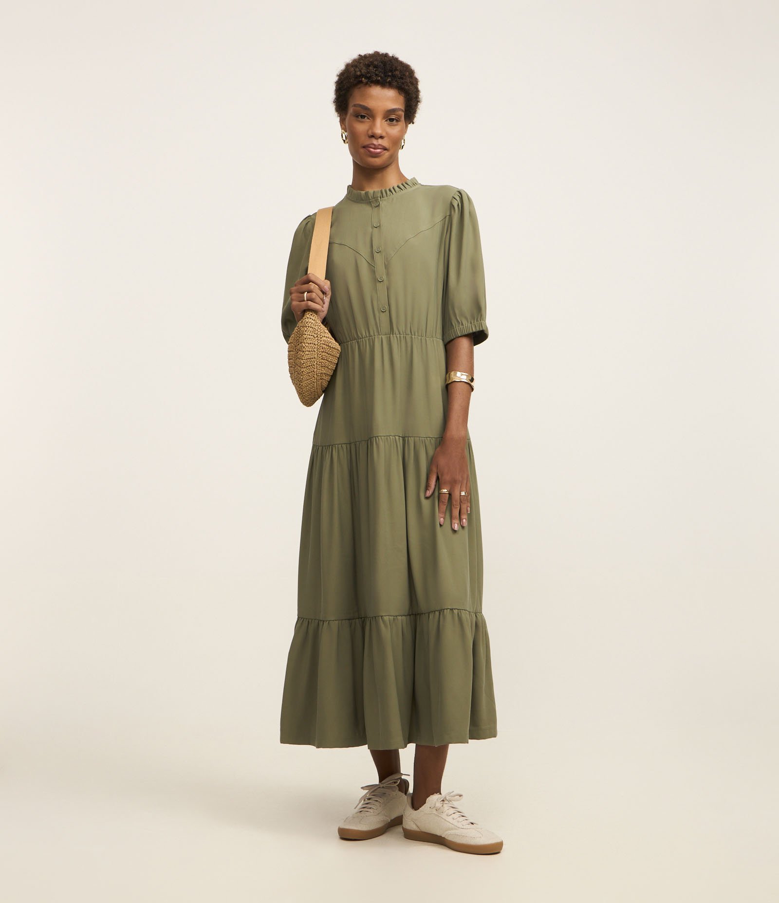 Vestido Midi em Viscose com Babado Marias Verde 1