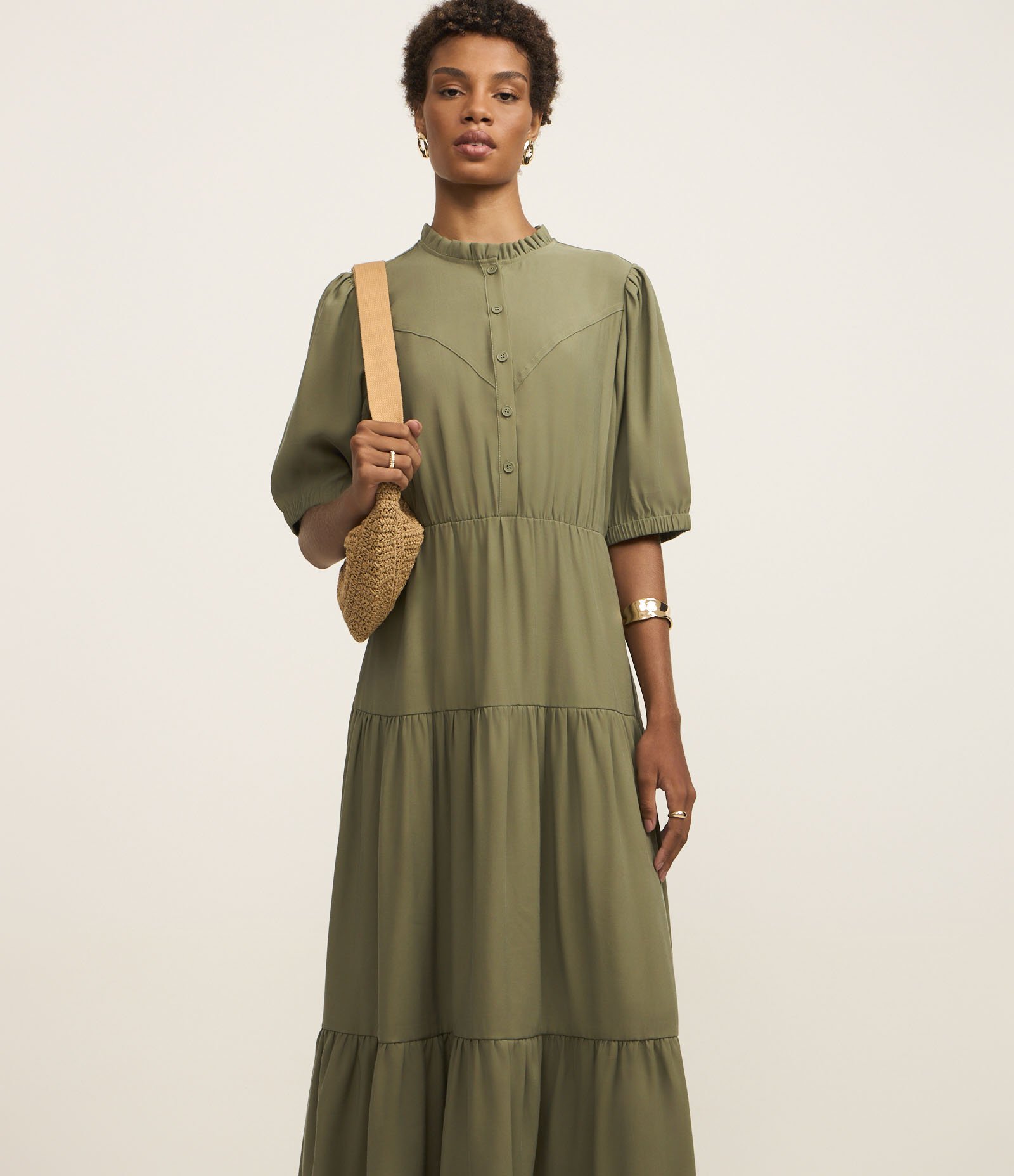 Vestido Midi em Viscose com Babado Marias Verde 2
