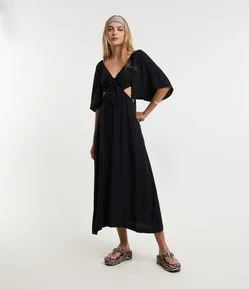 Vestido New Midi Manga Godê em Viscose com Laço