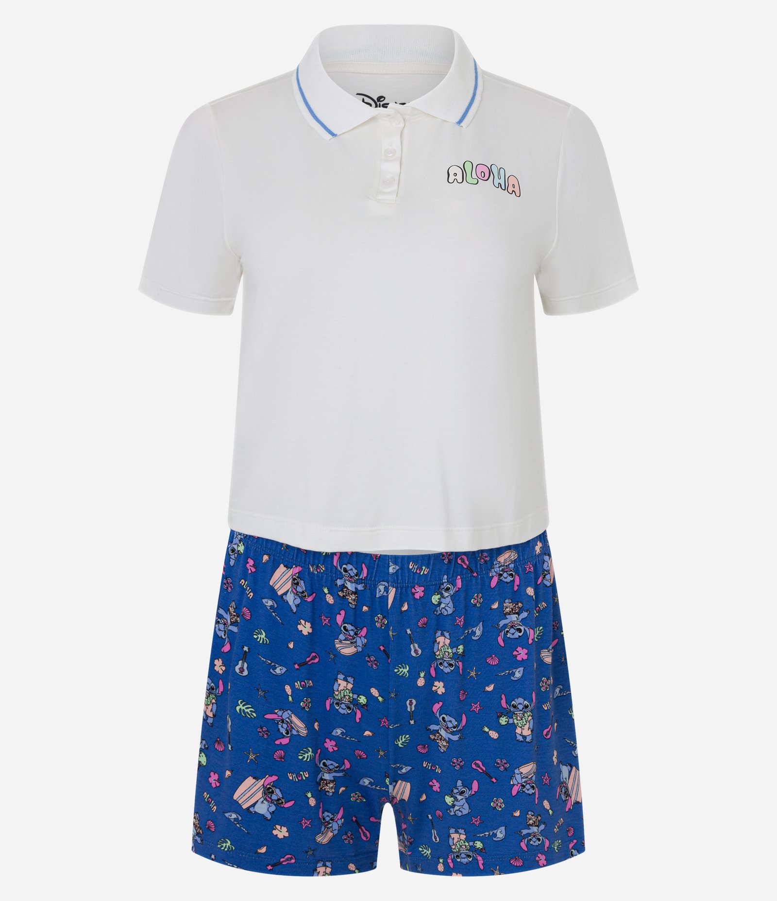 Pijama Short Doll Polo com Estampa Stich Branco/Azul 4