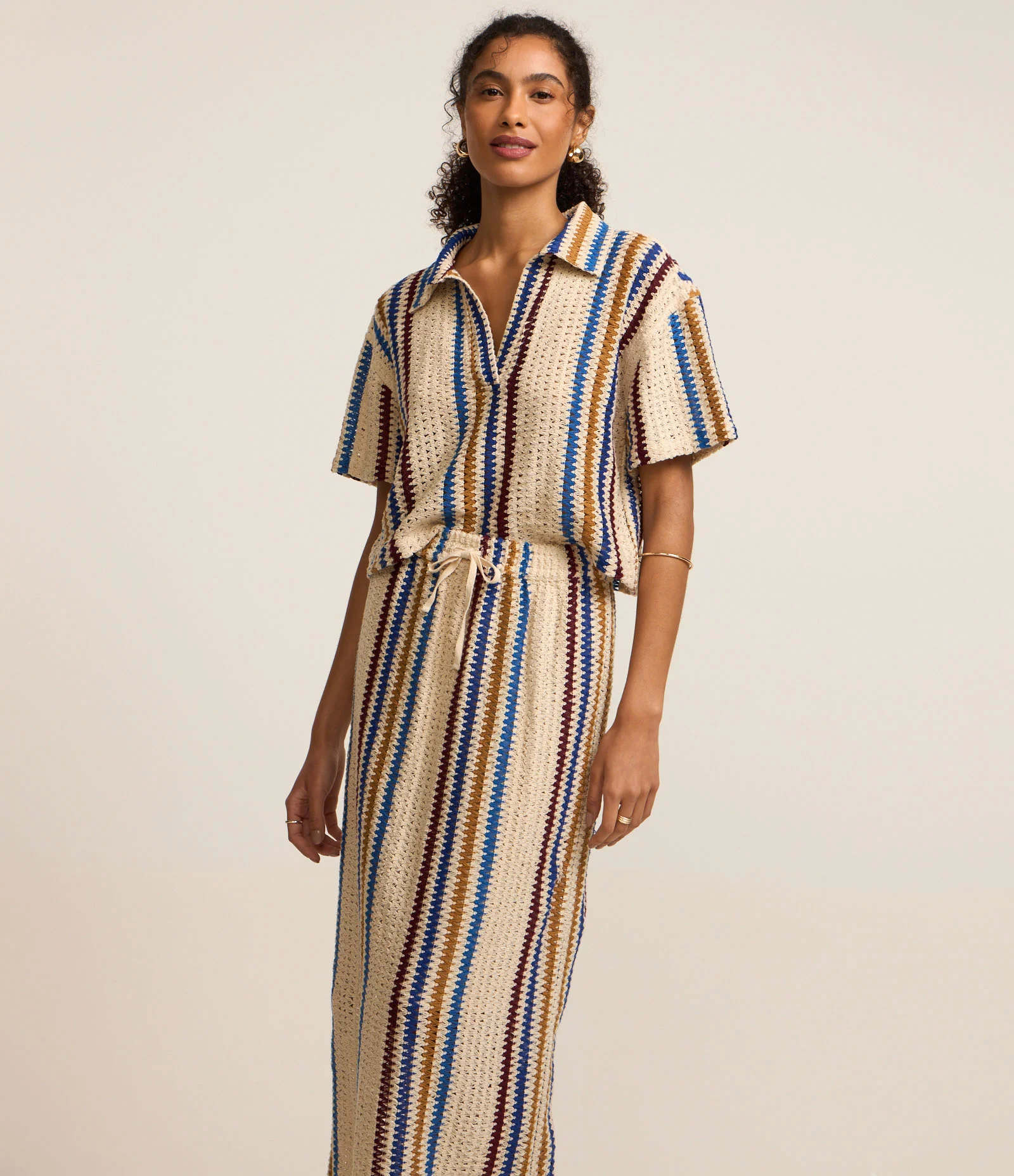 Saia Midi em Crochê com Amarração no Cós e Estampa Listrada Off White 2