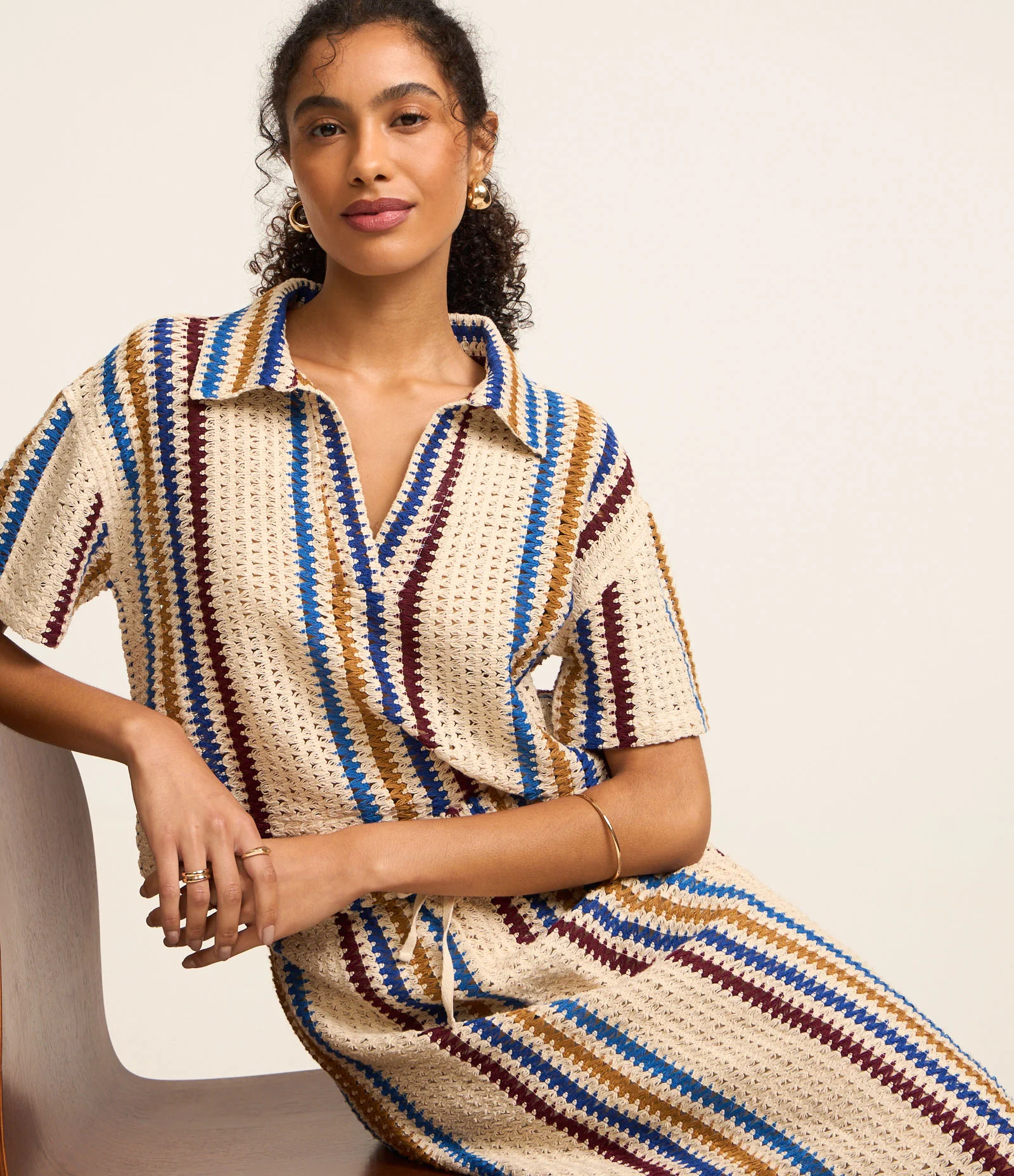 Saia Midi em Crochê com Amarração no Cós e Estampa Listrada Off White 5