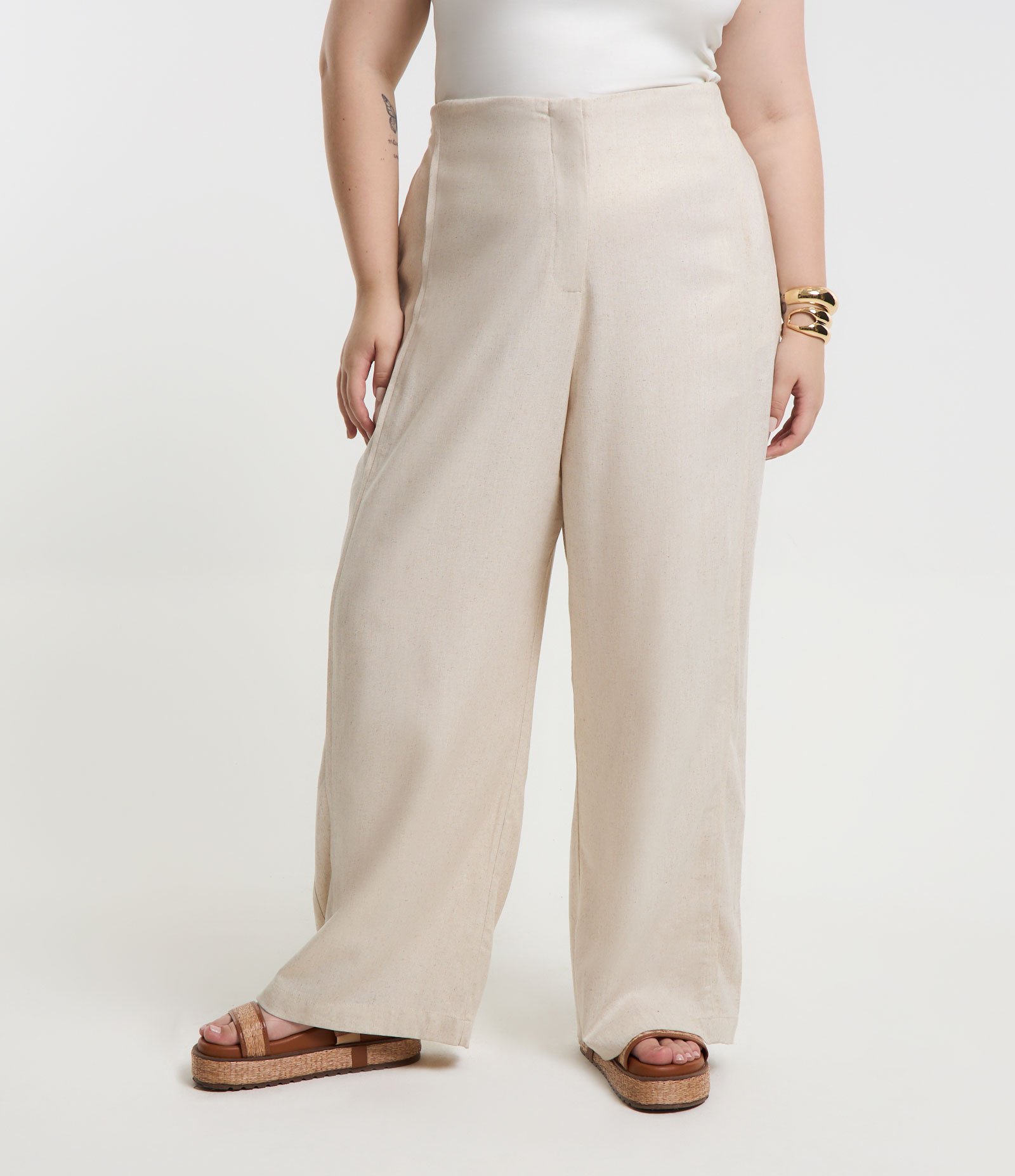 Calça Wide Leg com Linho Efeito Cru Curve & Plus Size Bege Cru 2