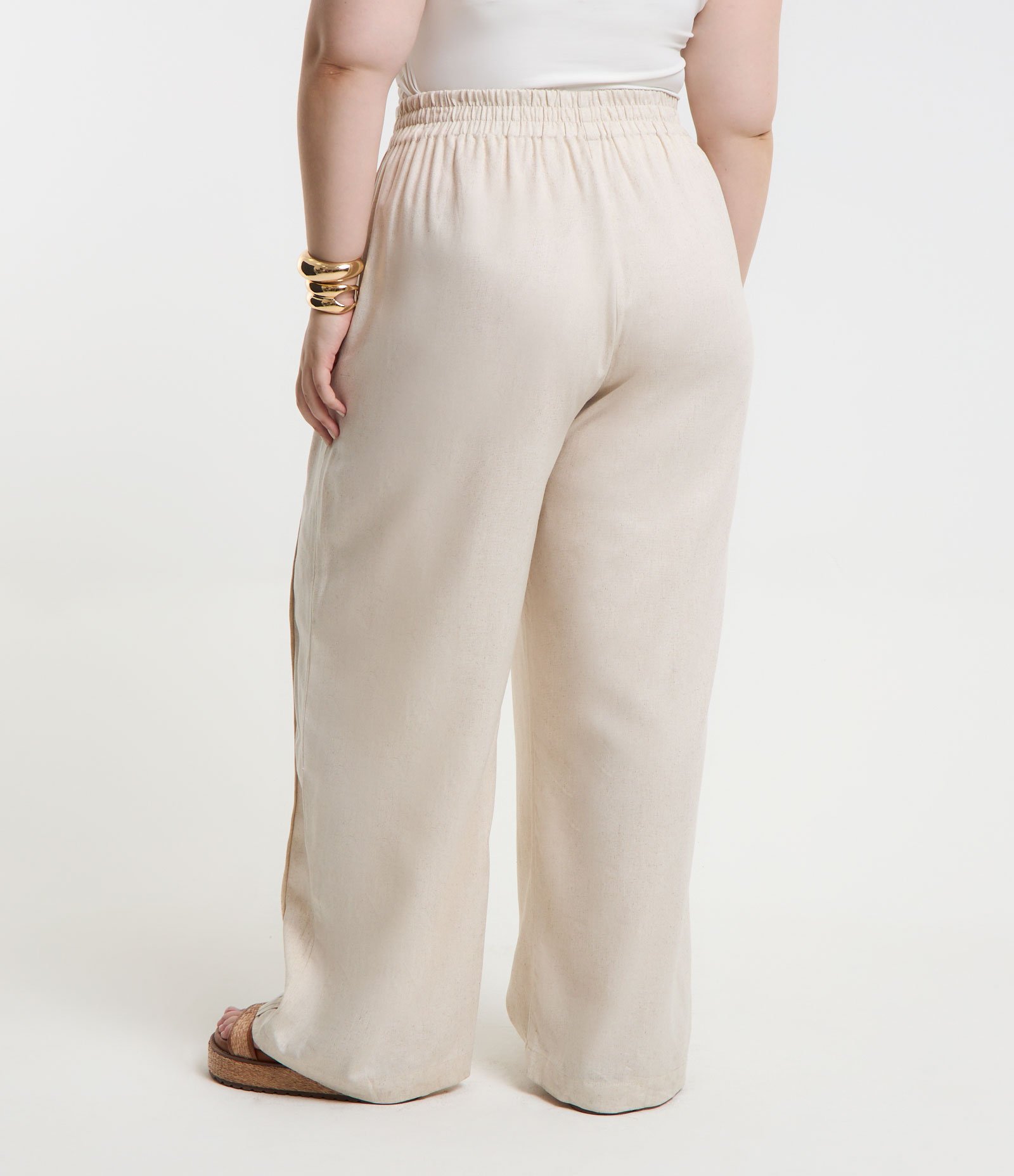 Calça Wide Leg com Linho Efeito Cru Curve & Plus Size Bege Cru 3
