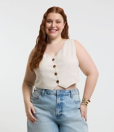 Colete Curto em Viscose e Linho Efeito Cru Curve & Plus Size