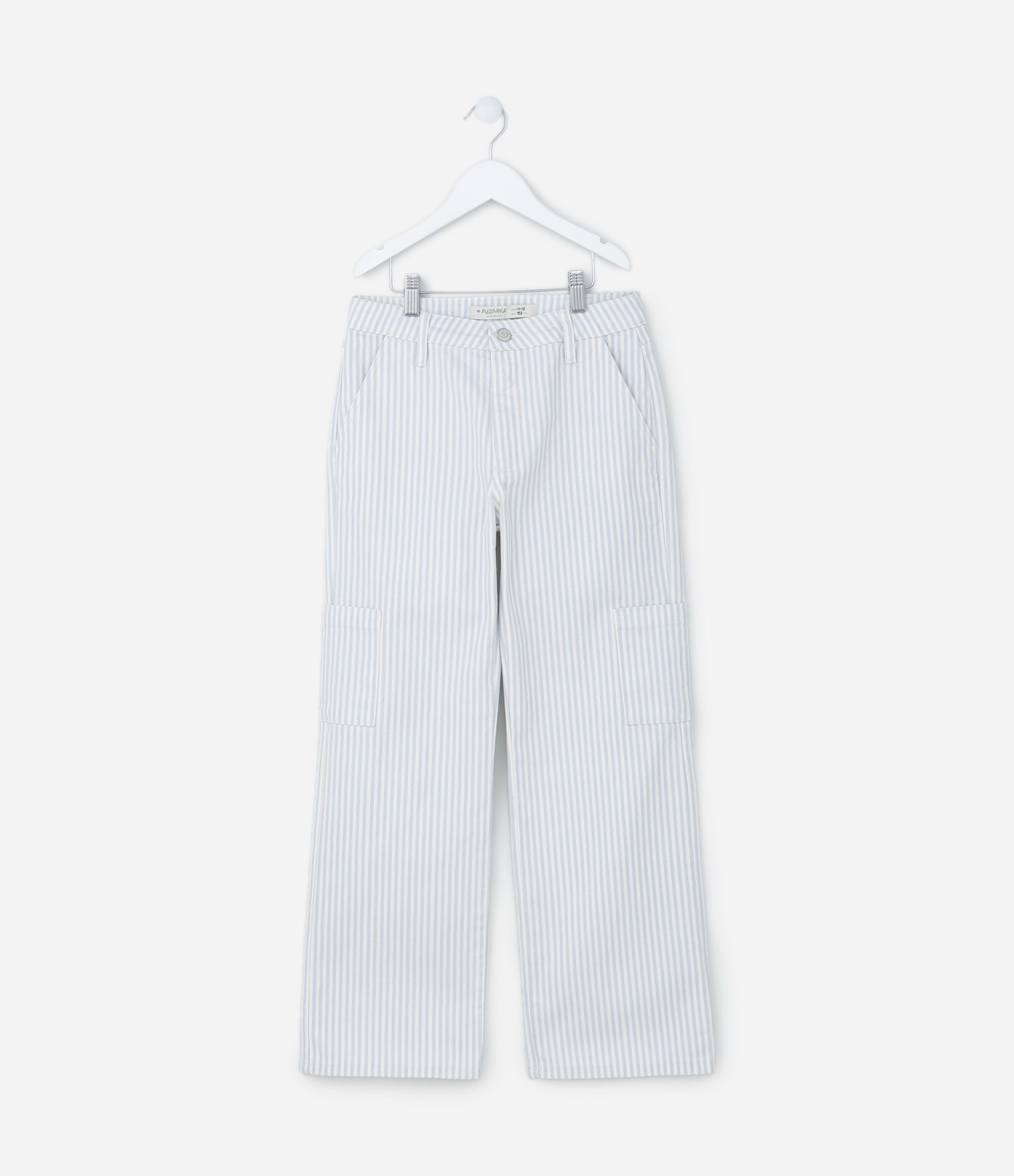 Calça Reta Infantil em Sarja Listrada - Tam 5 a 14 Anos Branco/Azul 1