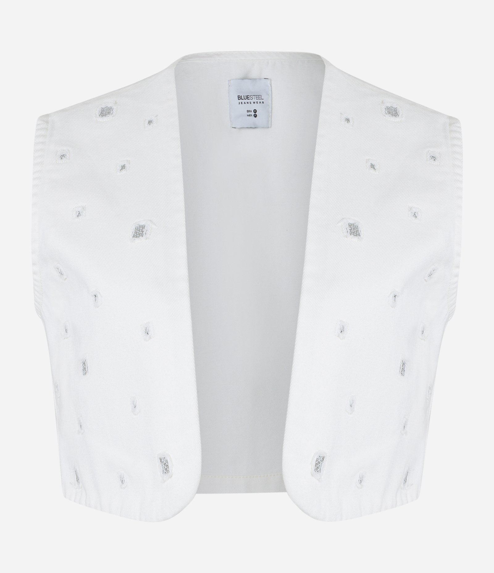 Colete Cropped em Sarja com Rasgos e Paetês Branco Neve 4