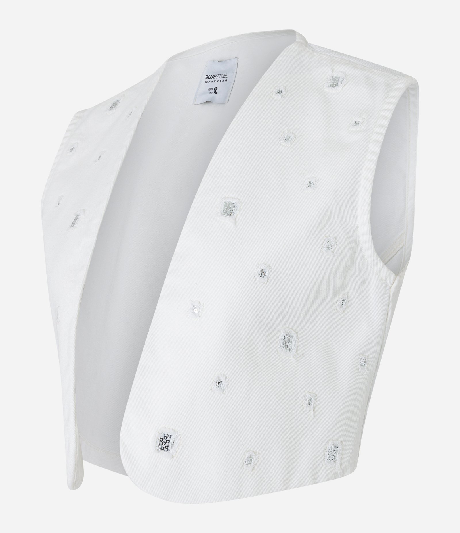 Colete Cropped em Sarja com Rasgos e Paetês Branco Neve 5