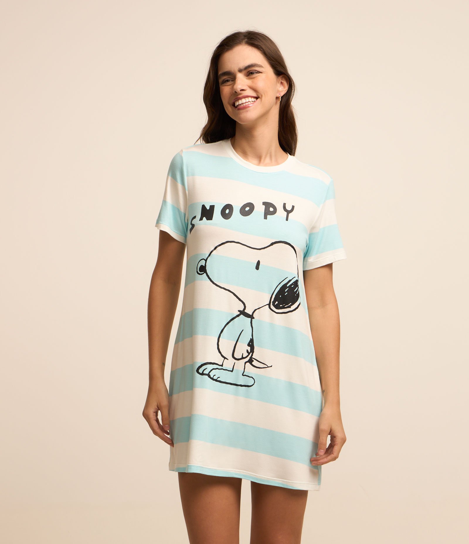 Camisola Manga Curta Listrada e Estampa Snoopy Azul 1