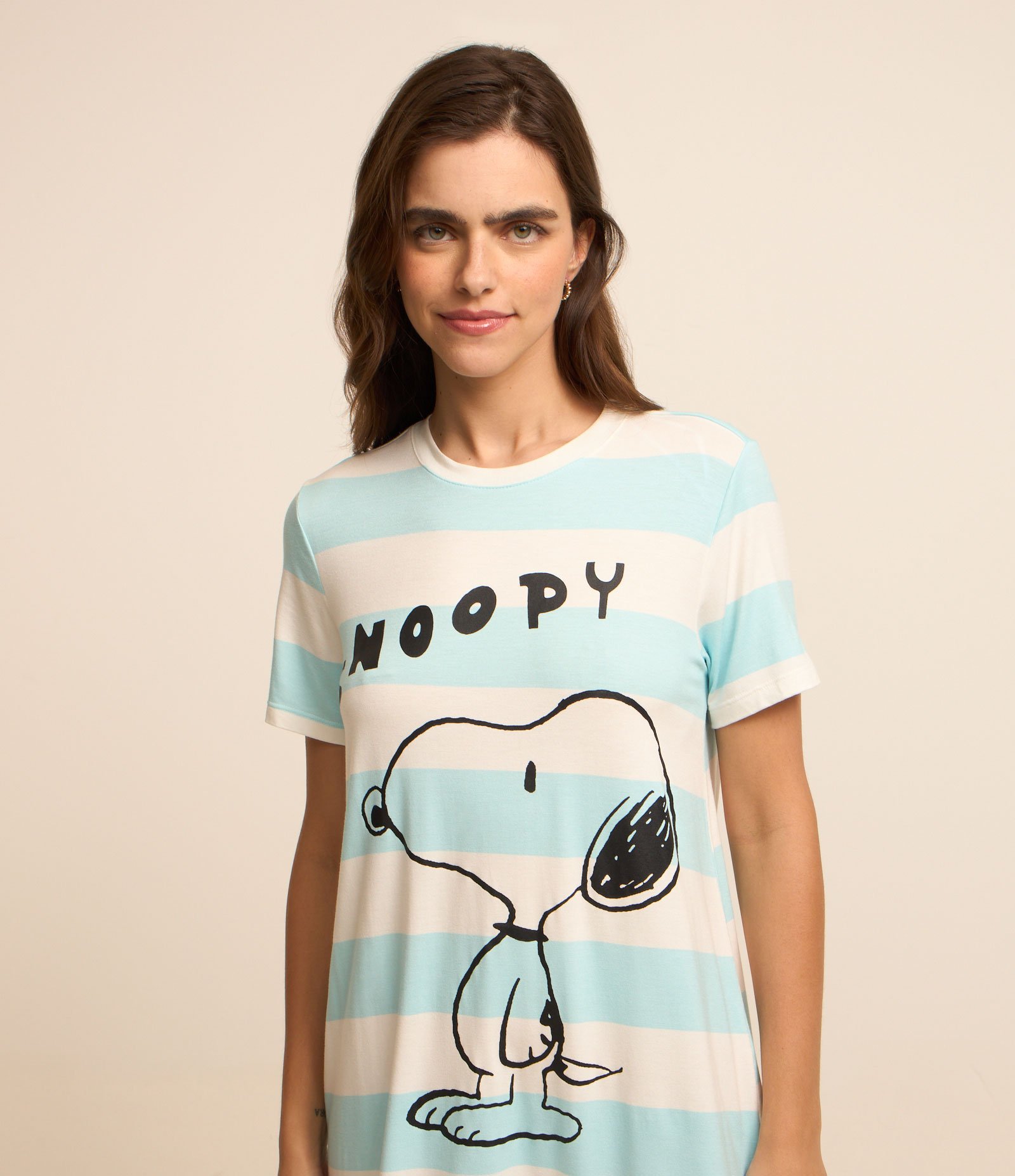 Camisola Manga Curta Listrada e Estampa Snoopy Azul 2