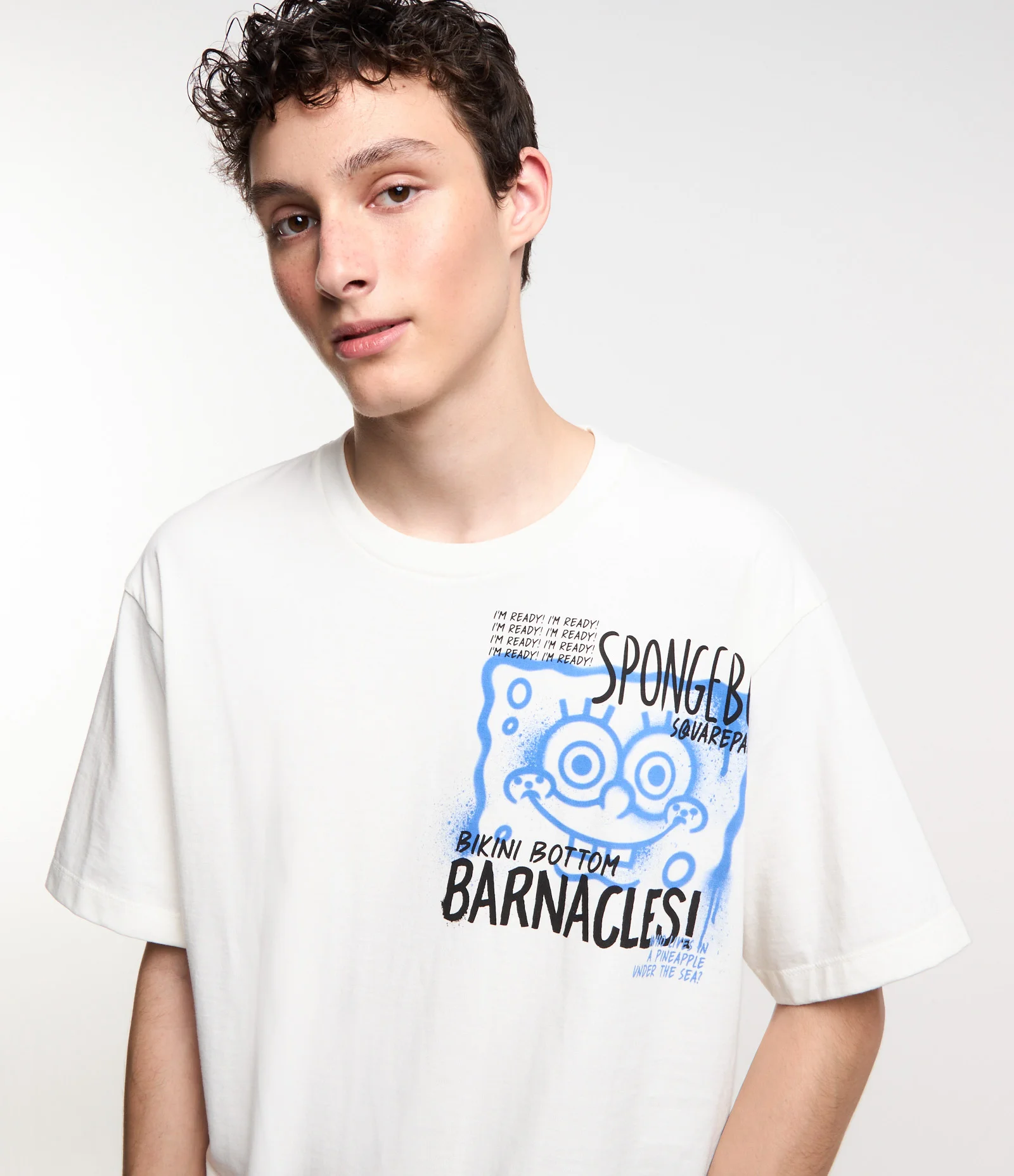 Camiseta Boxy em Malhão com Estampa Bob Esponja Branco 1
