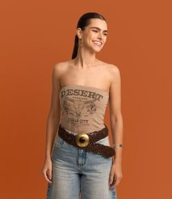 Blusa Cropped Tomara que Caia com Barra em V e Estampa Texas City