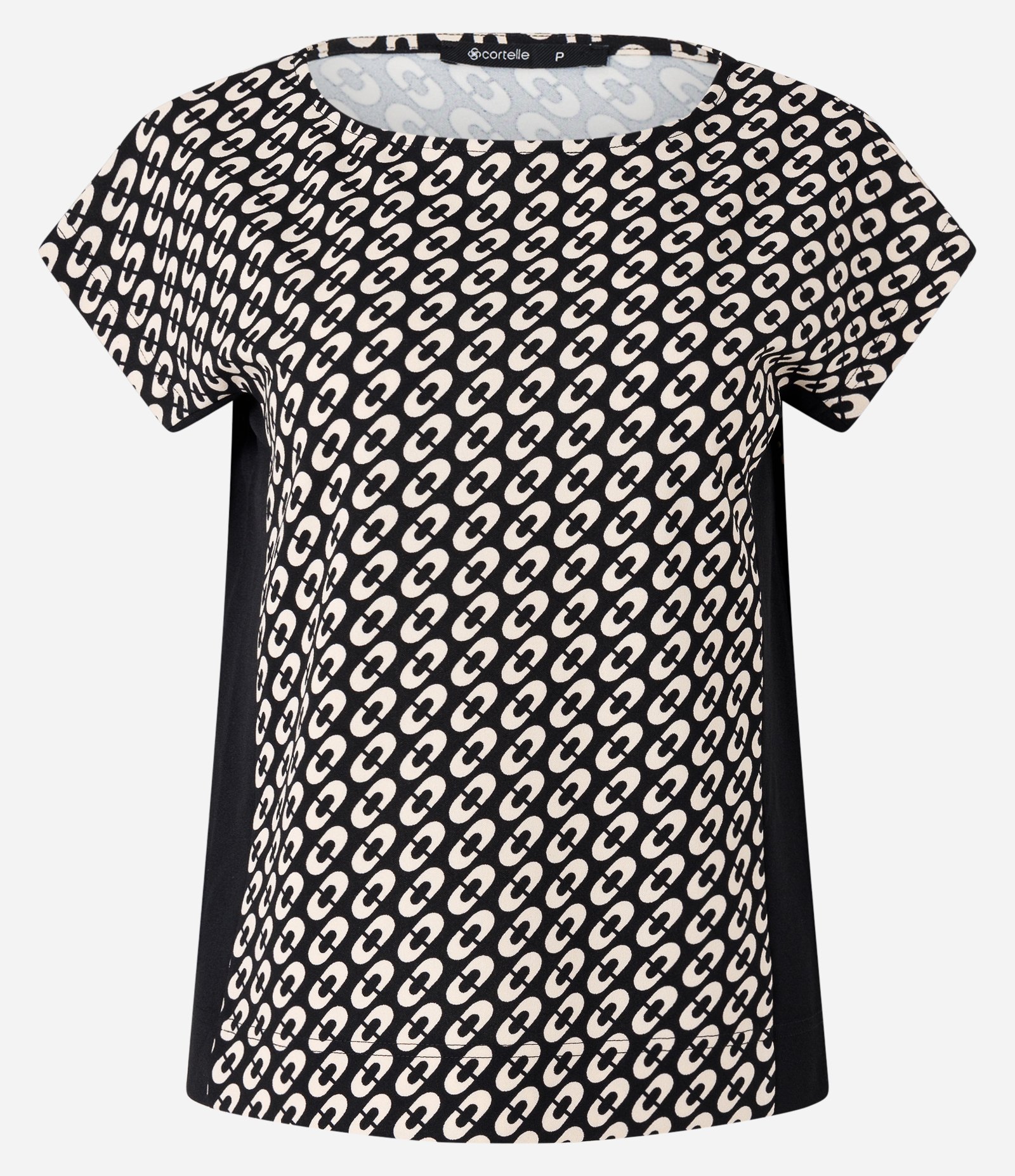 Blusa em Crepe com Contraste Lateral e Estampa Geométrica Preto 1
