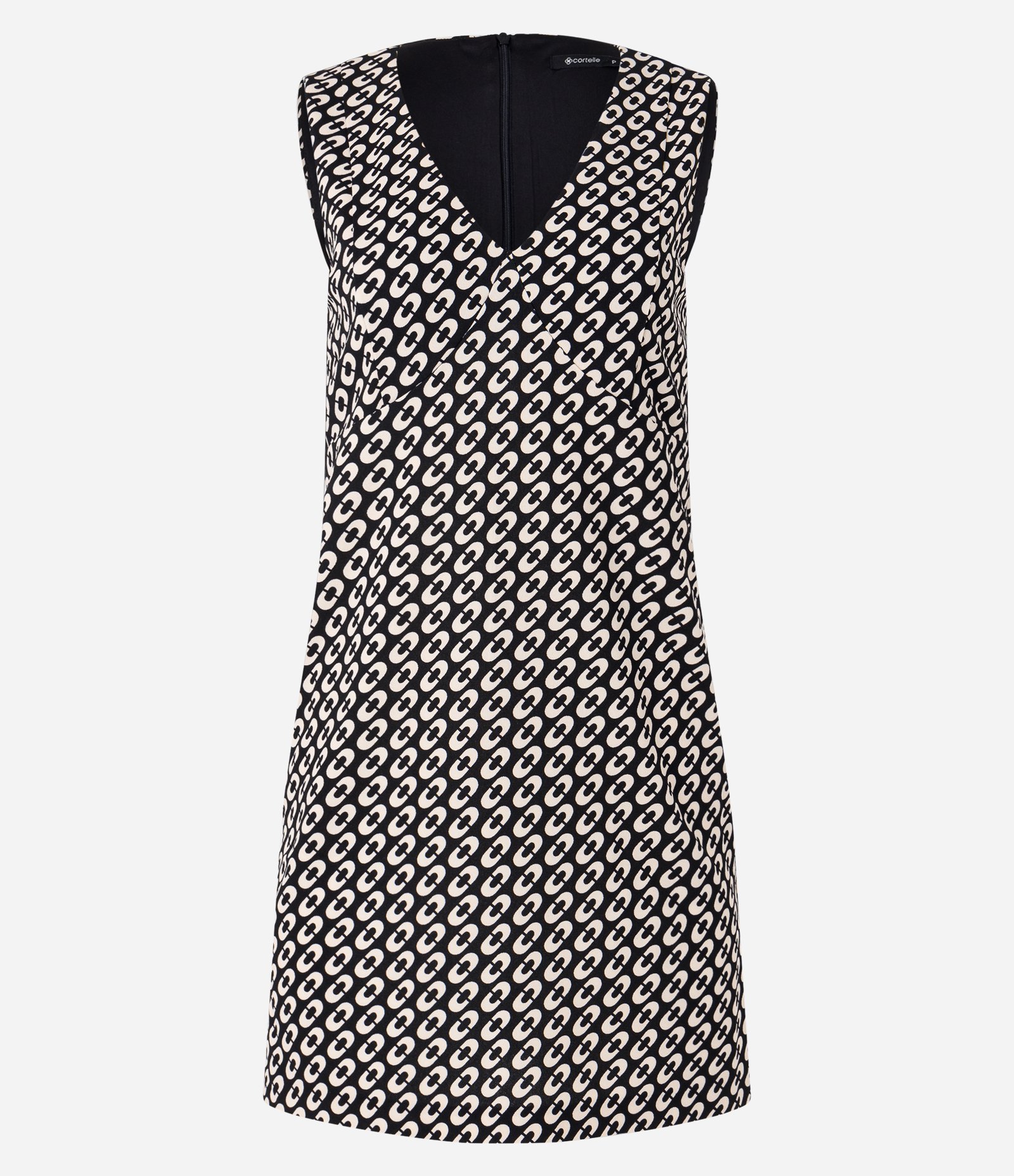 Vestido Curto em Crepe com Decote V e Estampa Geométrica Preto/Bege 6