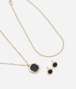 Conjunto de Brinco e Colar em Camadas com Pingente em Resina