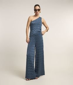 Calça Wide Leg Cintura Alta Texturizada com Elástico no Cós