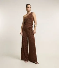 Calça Wide Leg Cintura Alta Texturizada com Elástico no Cós