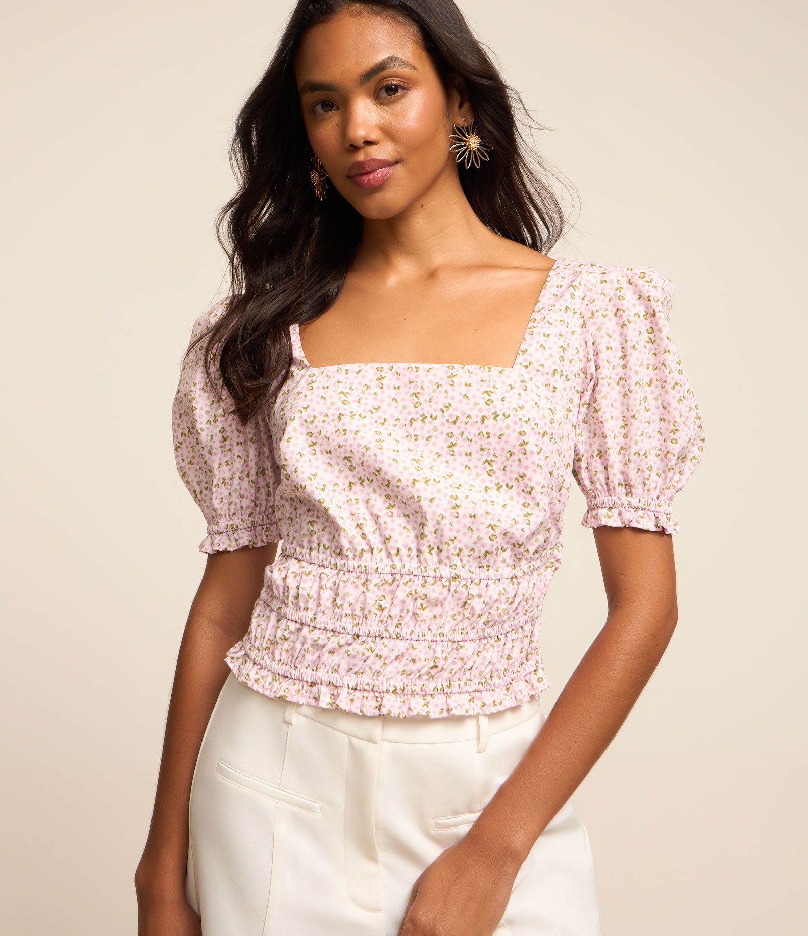 Blusa em Tricoline com Manga Bufante e Estampa Floral Rosa/ Branco 1