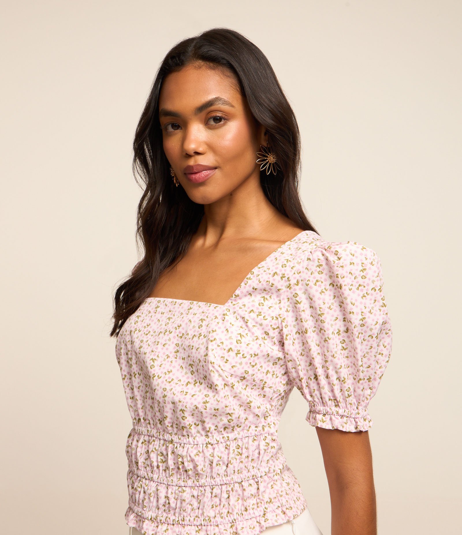 Blusa em Tricoline com Manga Bufante e Estampa Floral Rosa/ Branco 4