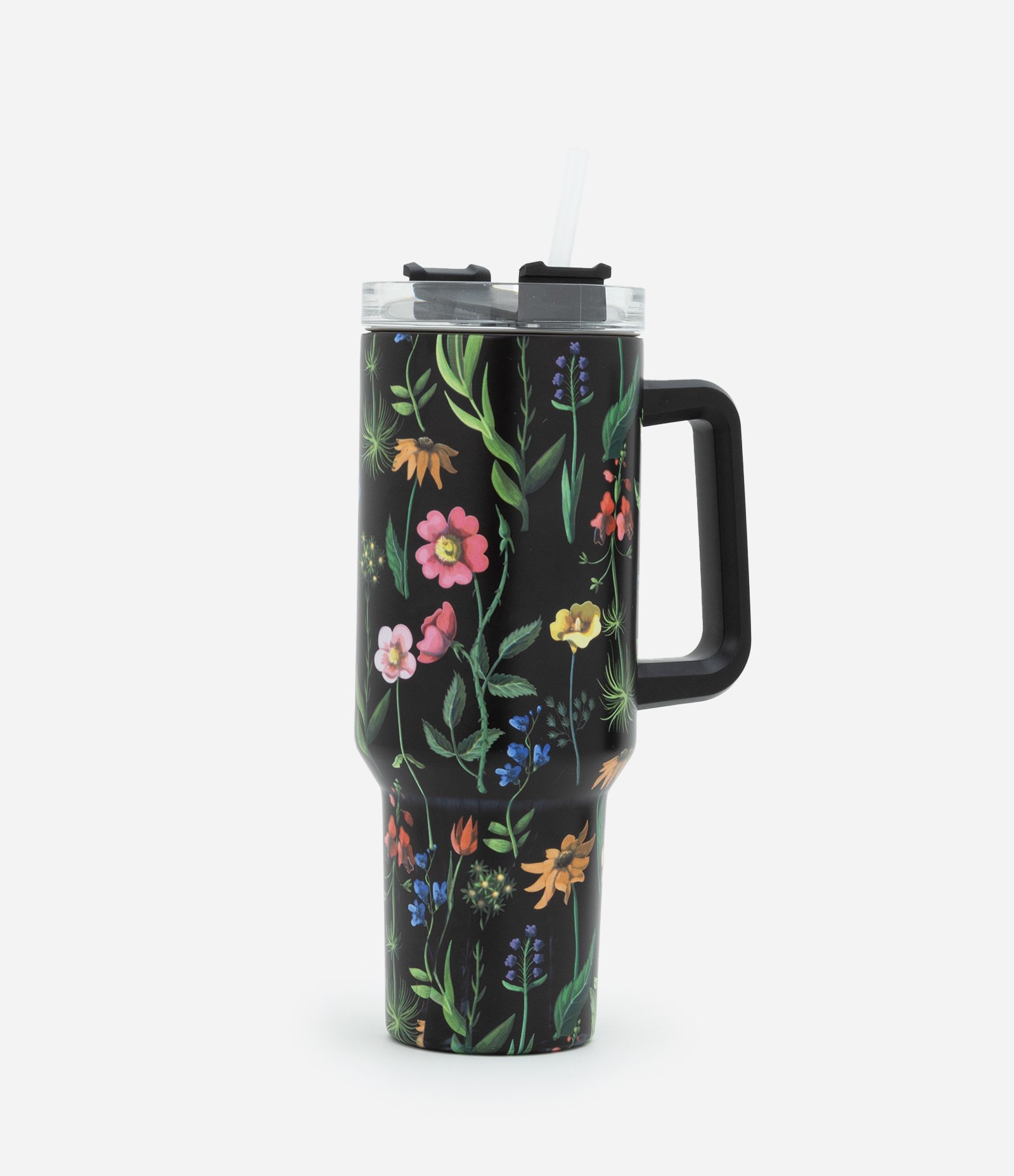 Copo em Metal com Estampa de Flores Coloridas com Alça e Canudo Preto 1