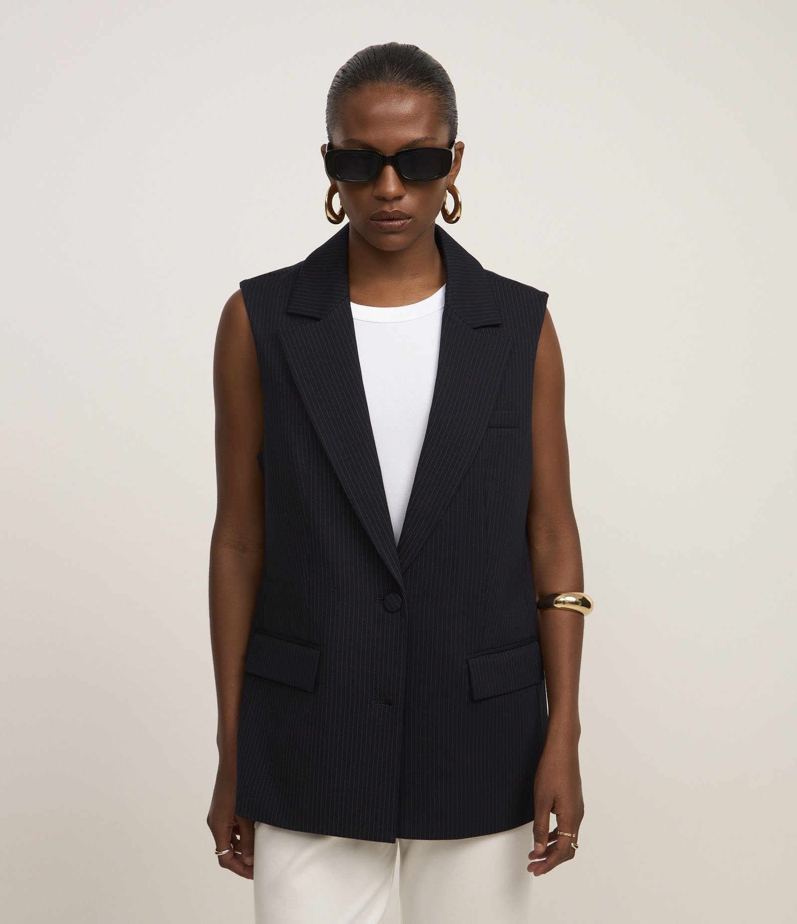 Colete Ponto Roma Listra Risca de Giz com Dois Botões e Bolsos Frontais Azul 6