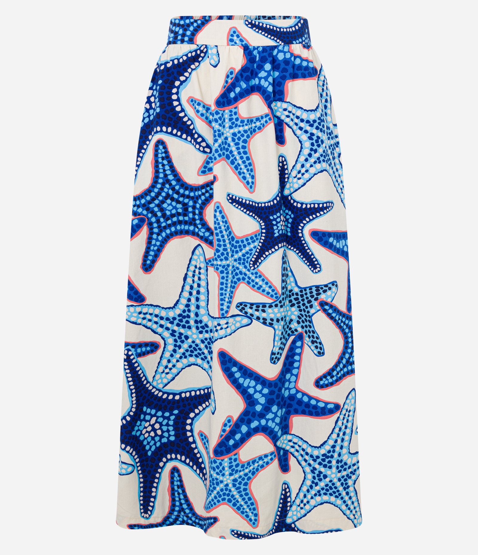 Saia Midi Evasê em Tricoline com Estampa Estrelas do Mar Azul 5