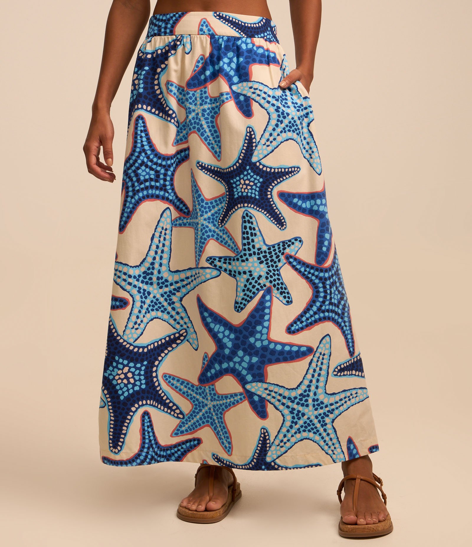 Saia Midi Evasê em Tricoline com Estampa Estrelas do Mar Azul 3