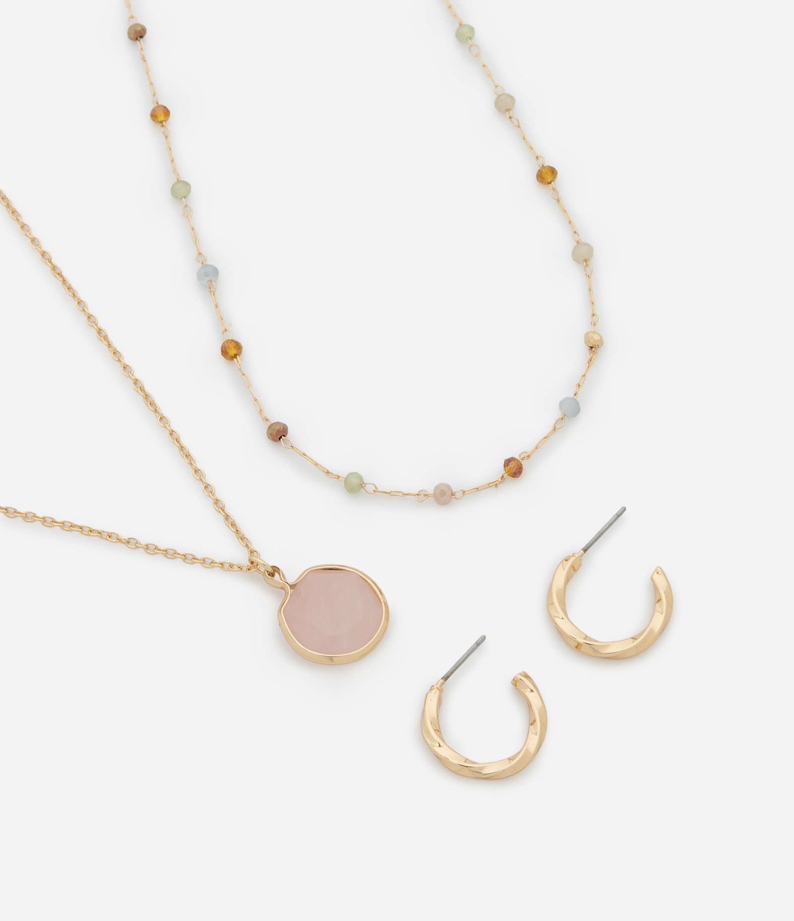 Conjunto de Colar Duplo e Brinco Argola com Pedras Aplicadas Dourado 1
