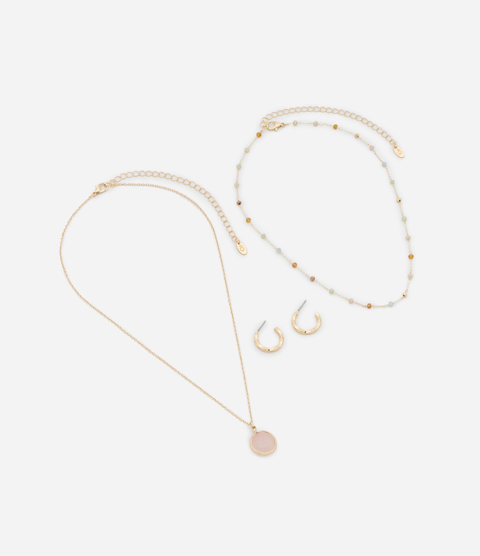 Conjunto de Colar Duplo e Brinco Argola com Pedras Aplicadas Dourado 2