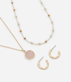 Conjunto de Colar Duplo e Brinco Argola com Pedras Aplicadas