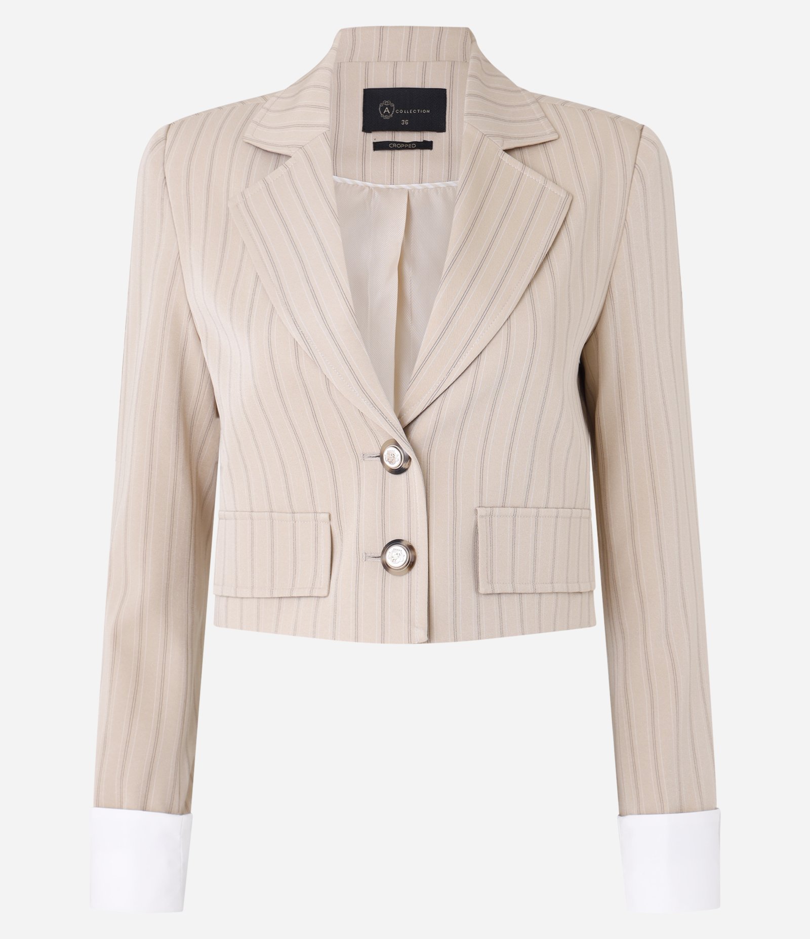 Blazer em Alfaiataria Com Listras Risca Giz com Bolsos e Detalhes nas Mangas Bege 5
