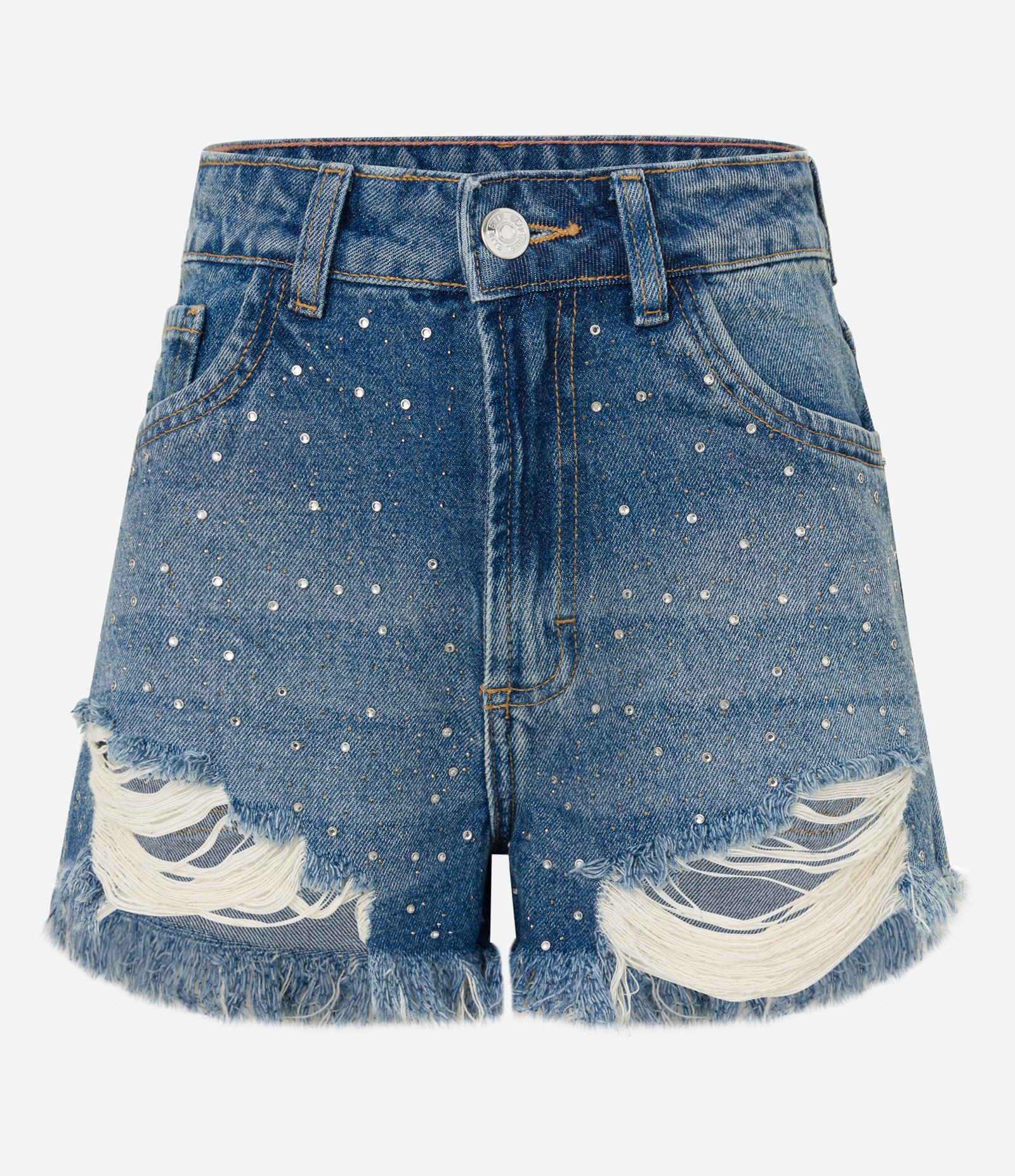 Short Cintura Alta em Jeans com Rasgos e Barra Desfeita Azul 4