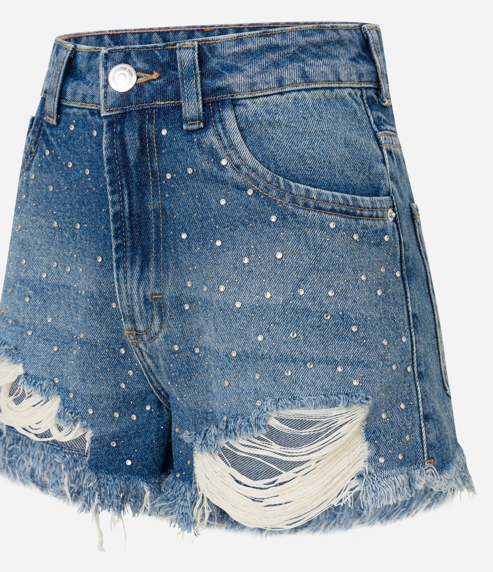 Short Cintura Alta em Jeans com Rasgos e Barra Desfeita Azul 5