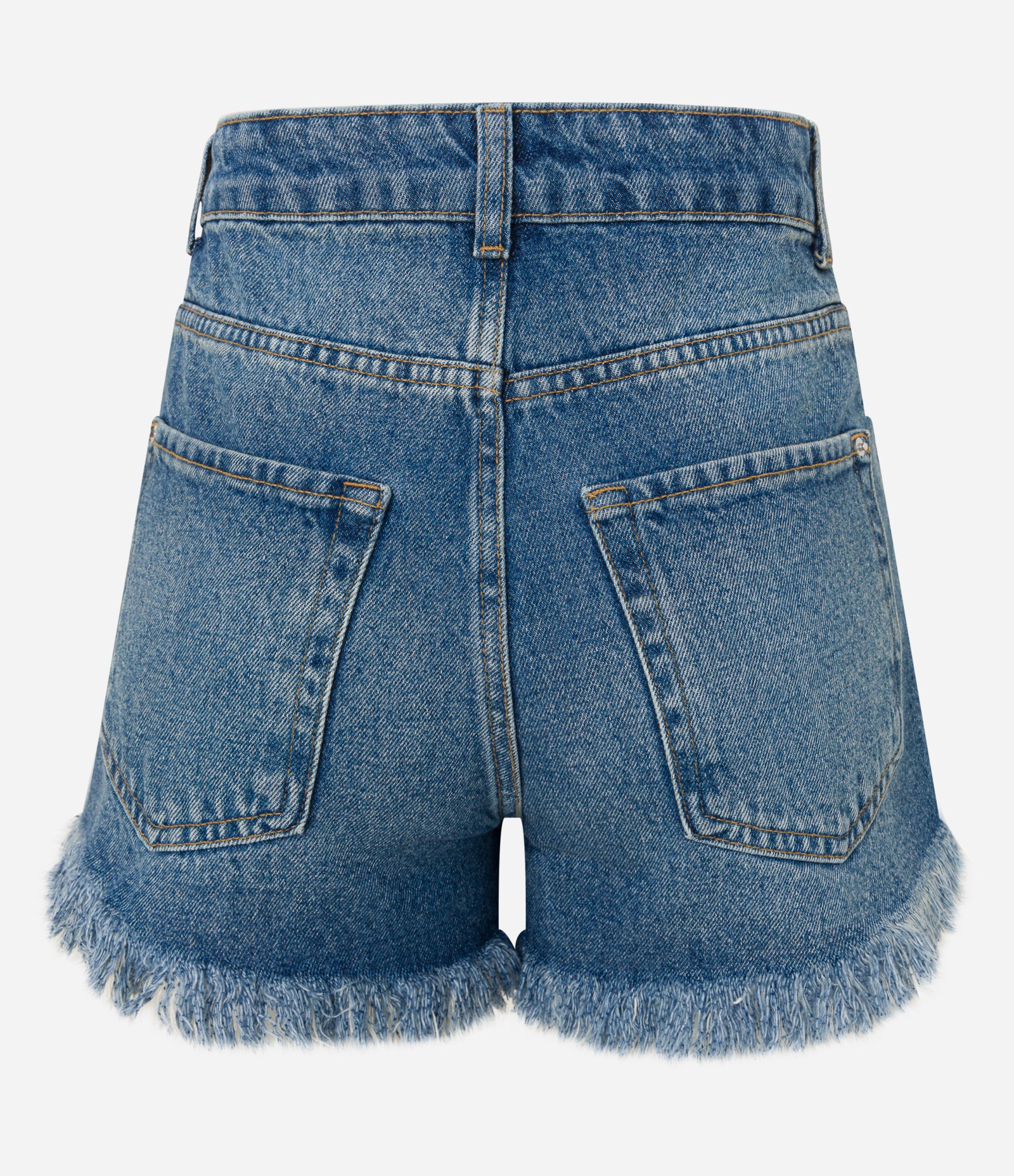 Short Cintura Alta em Jeans com Rasgos e Barra Desfeita Azul 6