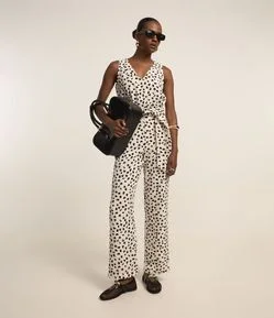 Macacão Longo Reto em Airflow com Cinto e Estampa Pincelada