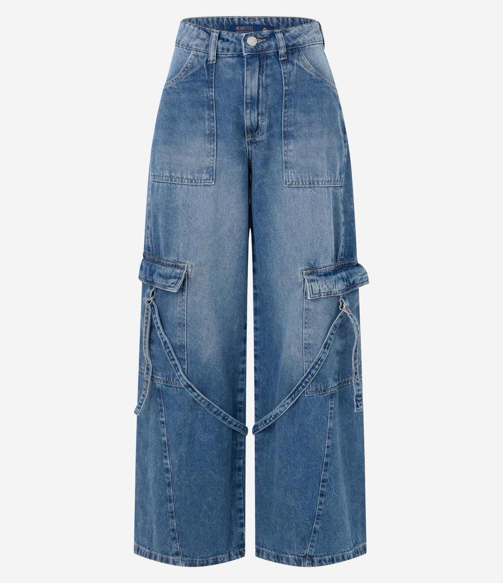 Calça Cargo Jeans com Bolsos Laterais e Detalhes Azul 7