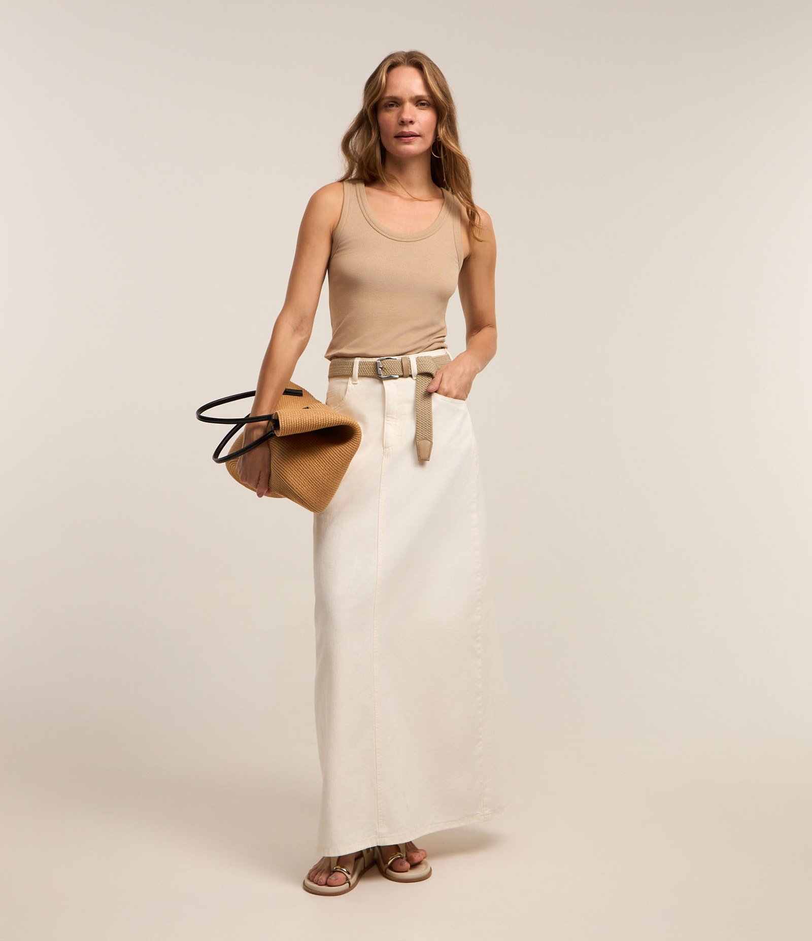 Saia Longa em Jeans com Bolsos Off White 1