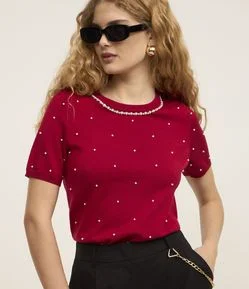 Blusa em Tricô com Aplicação de Pérolas e Strass