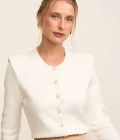 Cardigan em Tricô com Abotoamento de Efeito Pérola