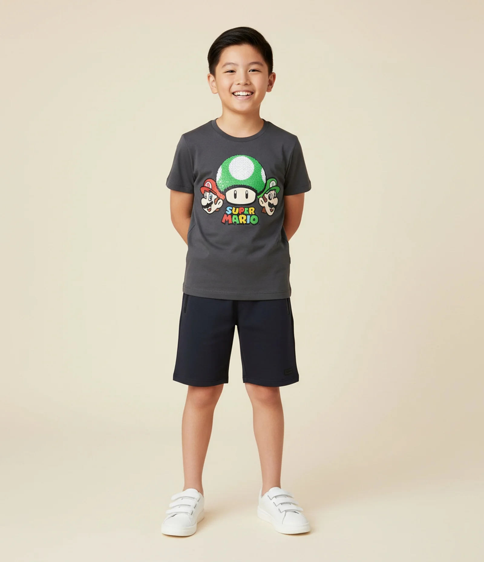 Camiseta Infantil com Bordado Super Mario - Tam 3 a 8 Anos Cinza 1