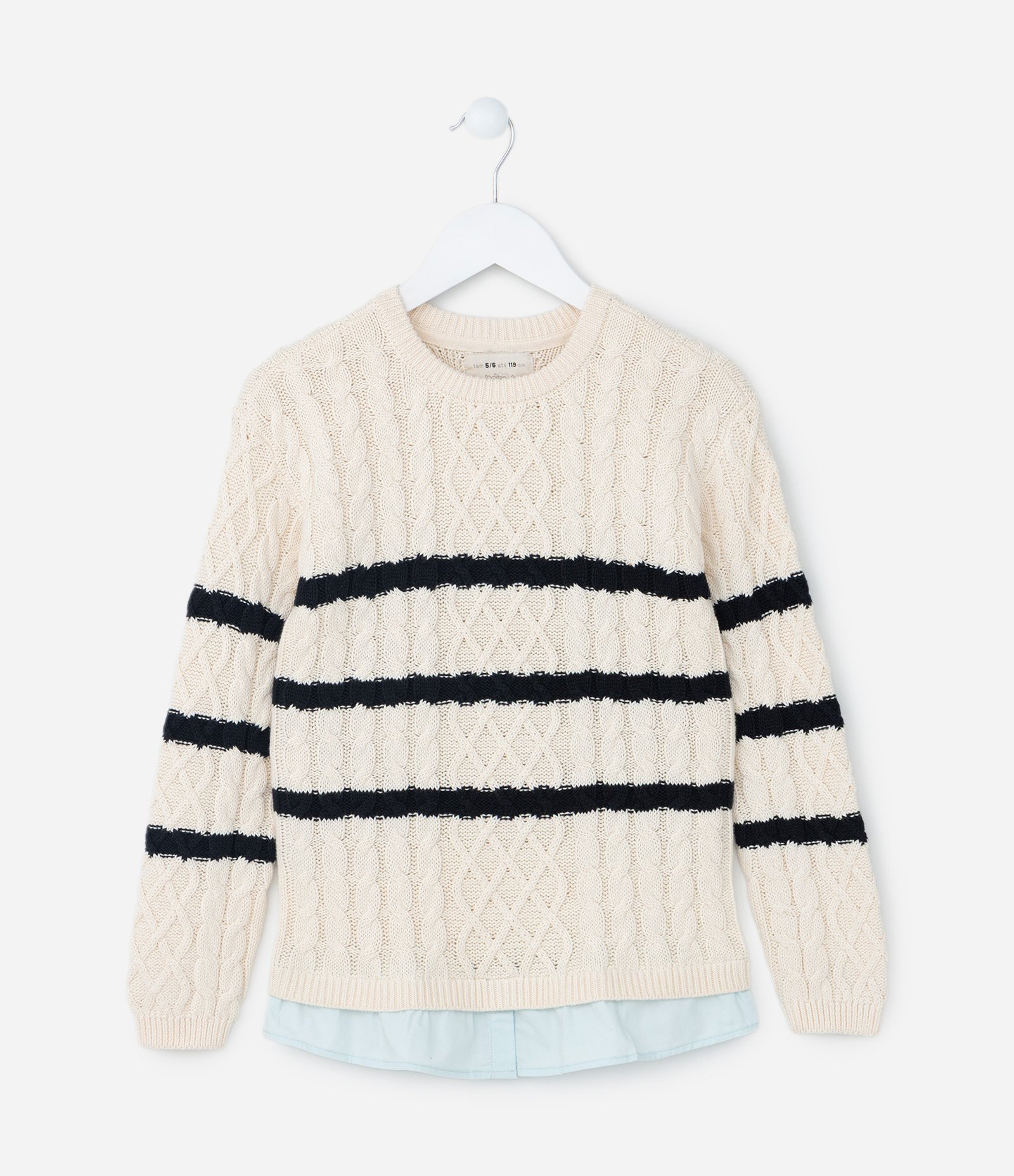 Suéter Infantil com Barra Diferenciada e Listras - Tam 1 a 5 Anos Bege/Azul 1