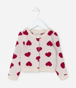 Cardigan Infantil em Tricô com Estampa Corações - Tam 1 a 5 Anos